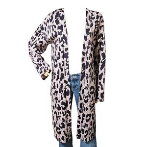 Leopard Print Open Front Duster Cardigan M Longline Lightweight Boutique Pockets